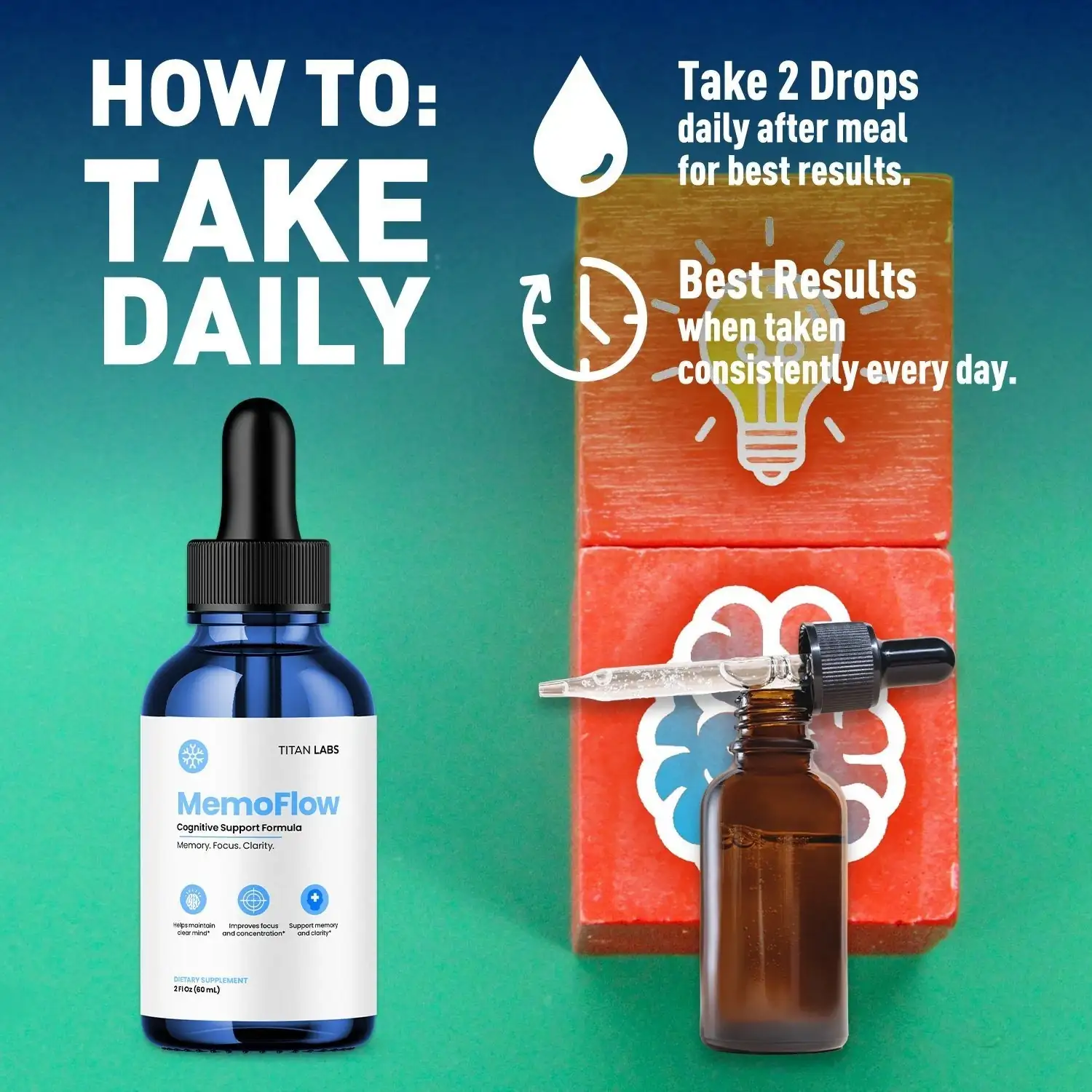 MemoFlow listing image: How to take daily. Take 2 drops daily after meal; best results when taken consistently