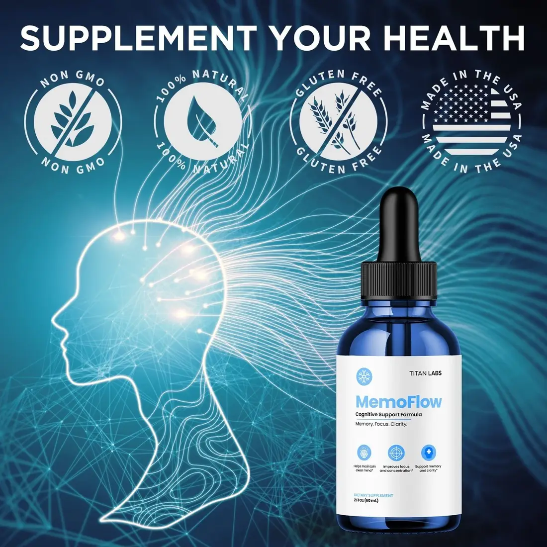 MemoFlow listing image: Supplement your health with Non GMO, 100% Natural, Gluten Free and Made in the USA badges